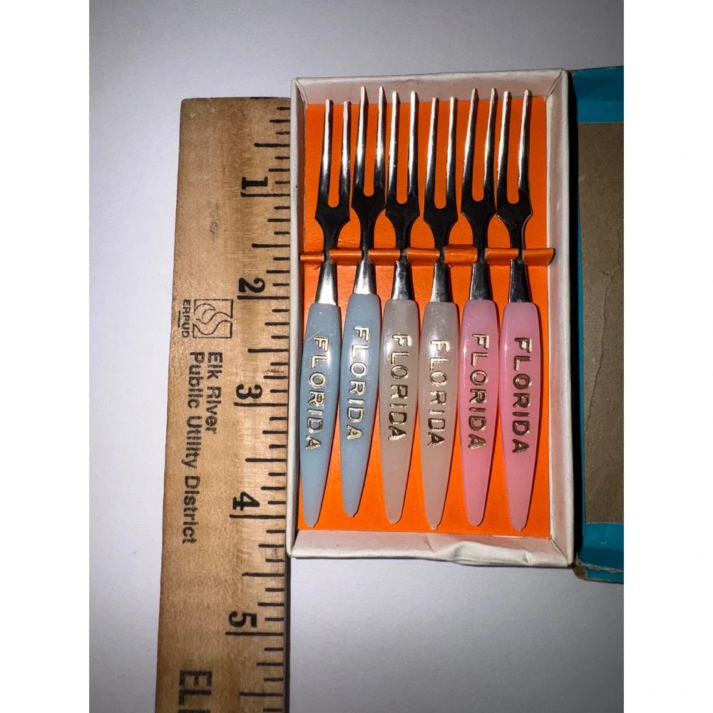 Vintage Florida MCM Souvenir Cocktail Forks Set of 6 Little Fork Japan Pastel